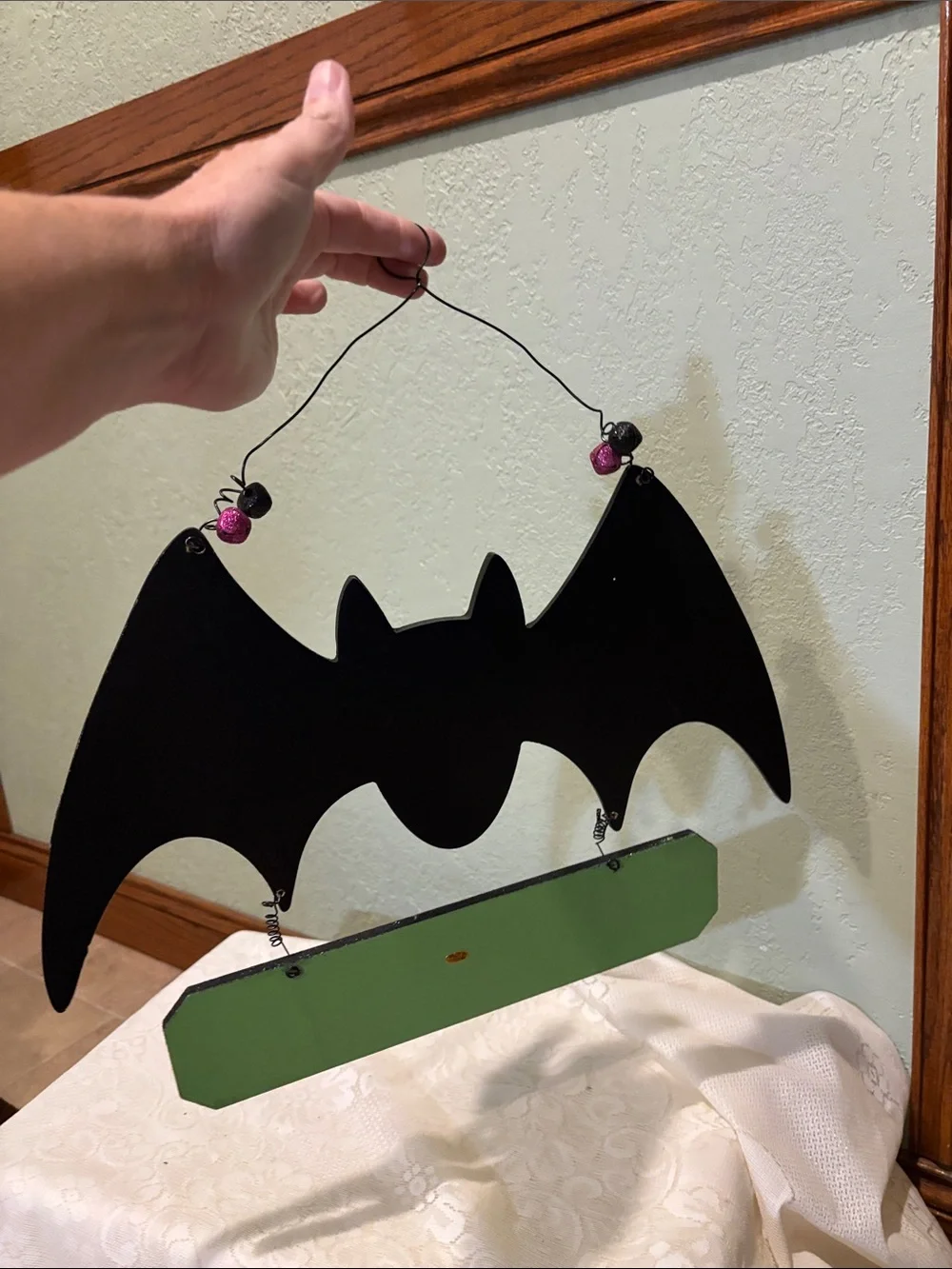 Halloween Bat Wall Hanging - Black and Green Happy Halloween 14 x 14 Sign